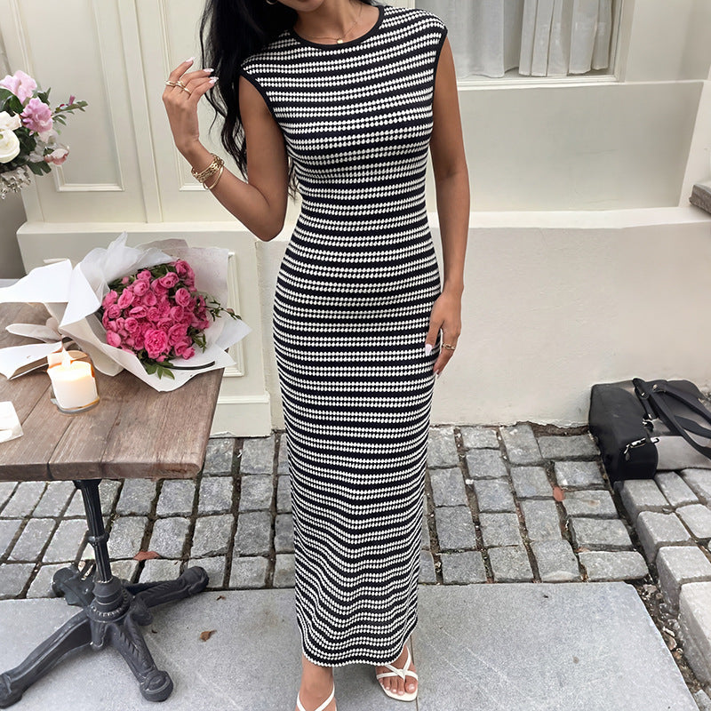 Knitted Vest Dress Summer Slim Fit Sheath Striped Sleeveless Maxi Dress Women Clothing