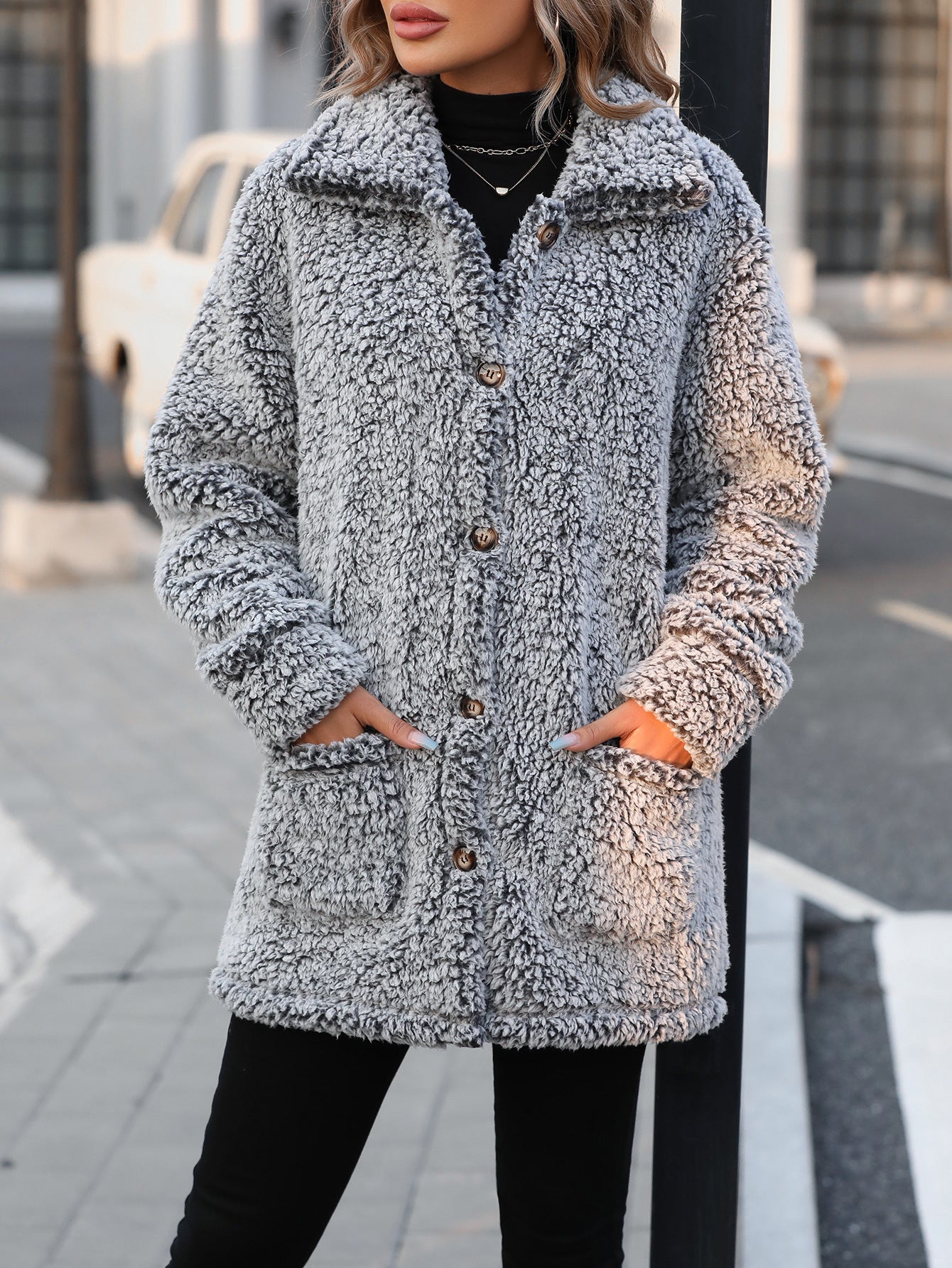 Autumn Winter Women Clothing Casual Loose Lapels Single Breasted Mid Length Cardigan Coat