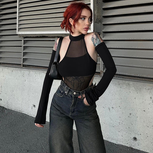 Autumn Winter Sexy Split Long Sleeve Crotch Mesh Hollow Out Cutout High Elastic One Piece Women Top