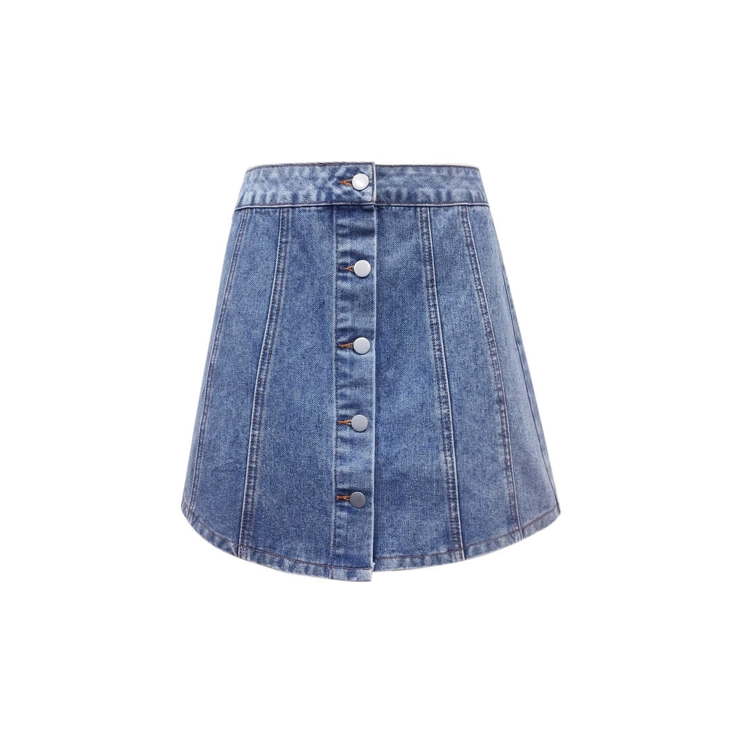 Women Clothing Decorative Single Breasted Waist Denim Skirt