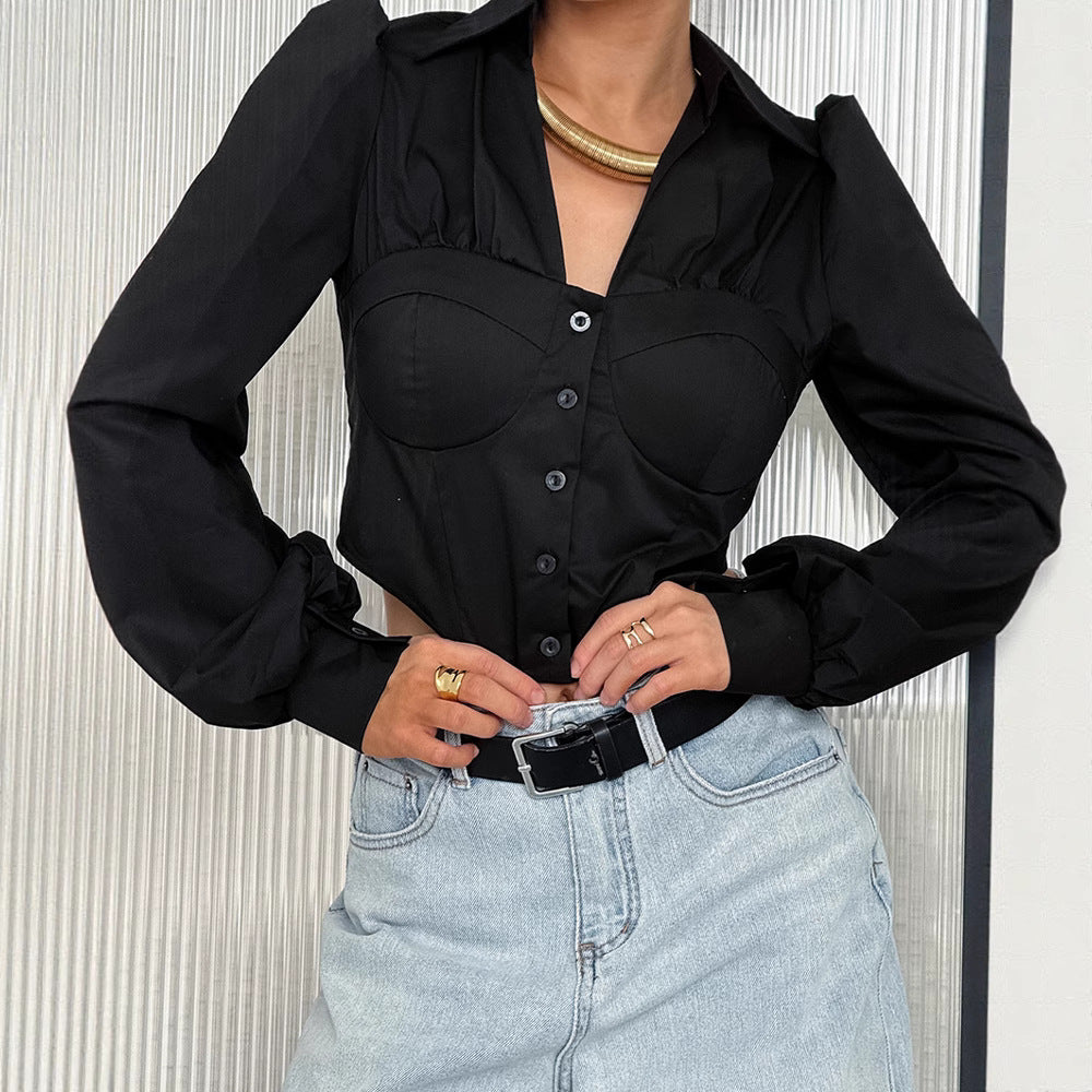 Slim Fit Polyester Cotton Short Elegant Long Sleeve Blouse Autumn Women Top