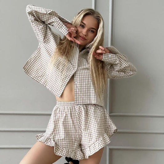 Plaid Cardigan Long Sleeve Shorts Home Wear Autumn Cotton Loose Casual Pajamas Women
