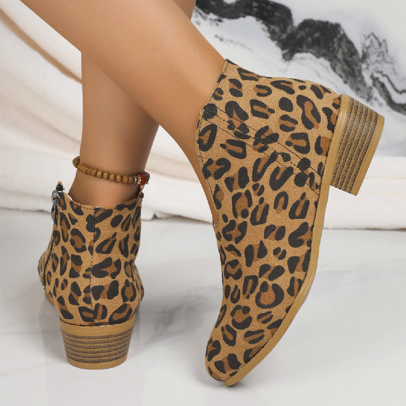 Autumn Winter Leopard Root Booties Side Zipper round Toe V Cut Suede Ankle Boots Women