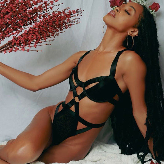 Sexy Jumpsuit Nightclub Underwear Sexy Mesh Stitching Body Sculpting Strap Steel Ring