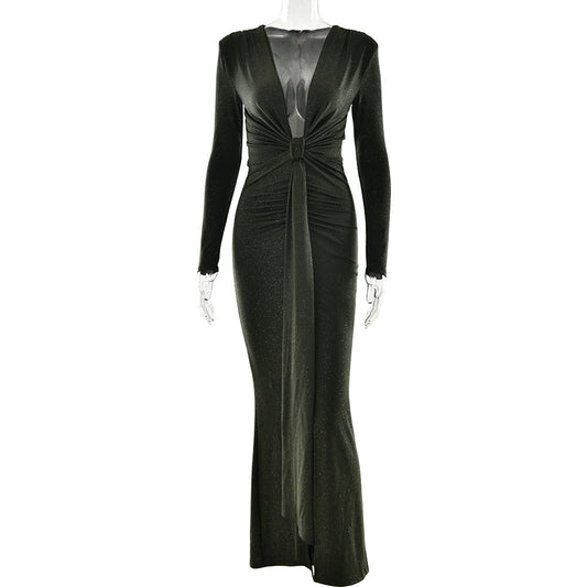 Autumn Winter Sexy Deep V Plunge neck Ribbon Dress Sexy Slit Slim Fitting Dress