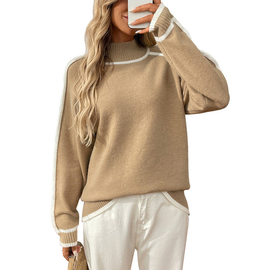 Autumn Winter Season Half Turtleneck Casual Loose Pullover Lazy Contrast Color Sweater