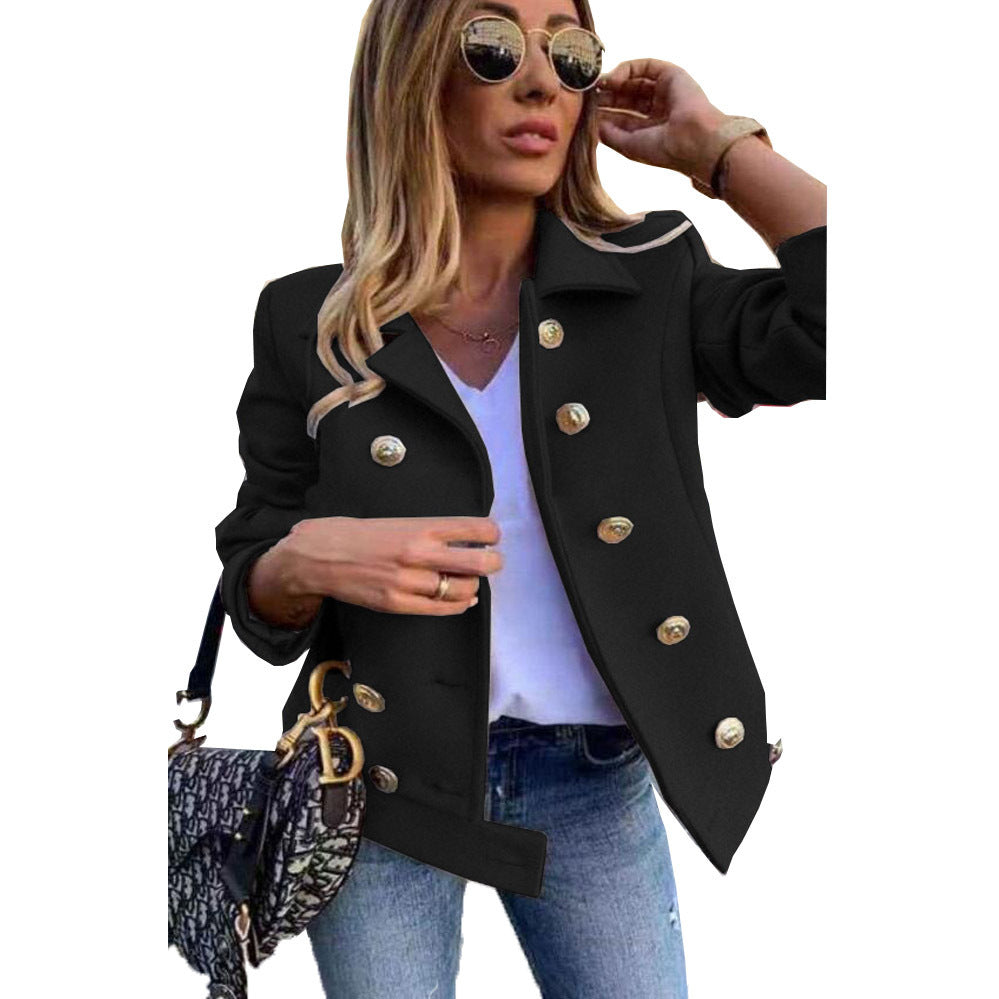 Fall Winter Slim Long Sleeve Double Breasted Collar Woolen Jacket