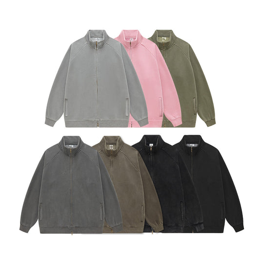 Autumn Winter Brand 350G Heavy Retro Washed Raglan Zipper Jacket Loose Fleece Jacket