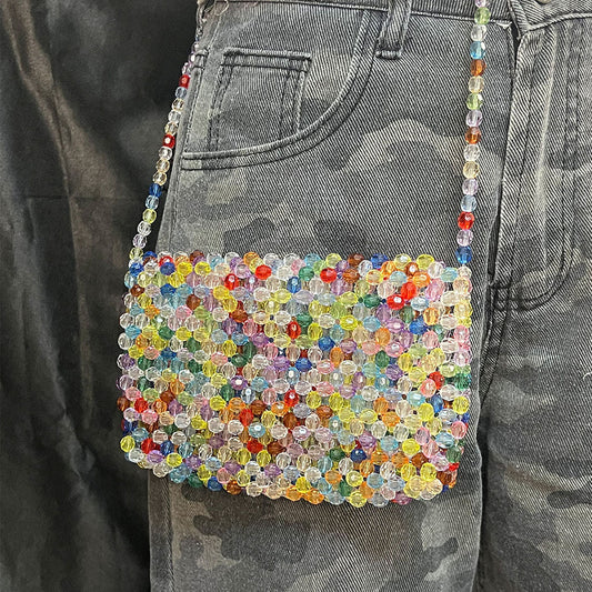 Western Niche Beaded Bag Women Beaded Woven Small Square Bag Mobile Phone Bag High End Sweet Cool Messenger Bag