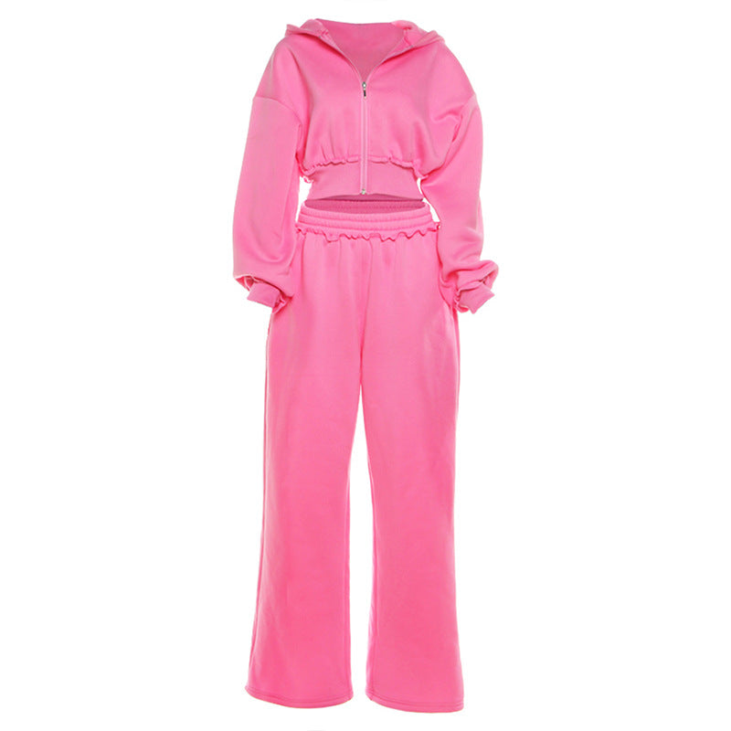 Autumn Cropped Short Type Hooded Jacket High Waist Wide Leg Casual Trousers Suit Women