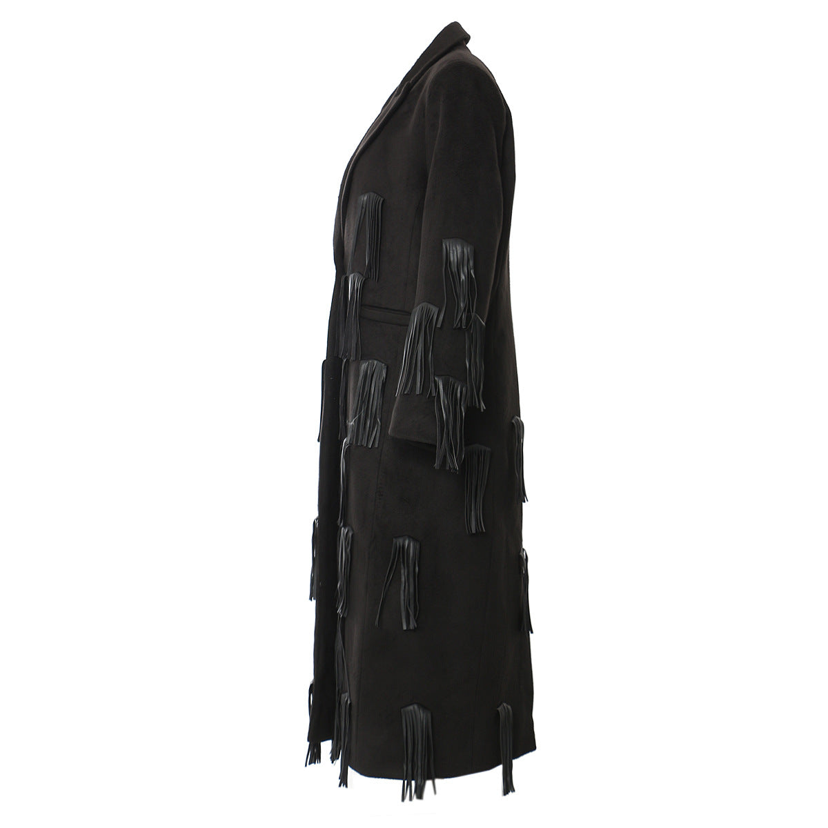 Personalized Faux Leather Tassel Embellished Mid Length Coat Windbreaker Woolen Coat