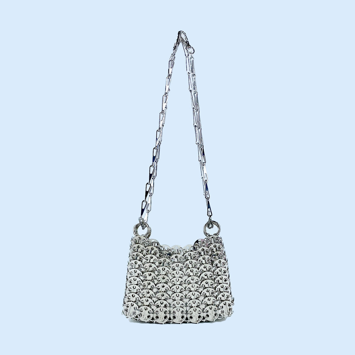 Silver Shiny Bag Hand Woven Sequin Sequin Bag Mobile Phone Bag Long Shoulder Strap Shoulder Messenger Bag for Women