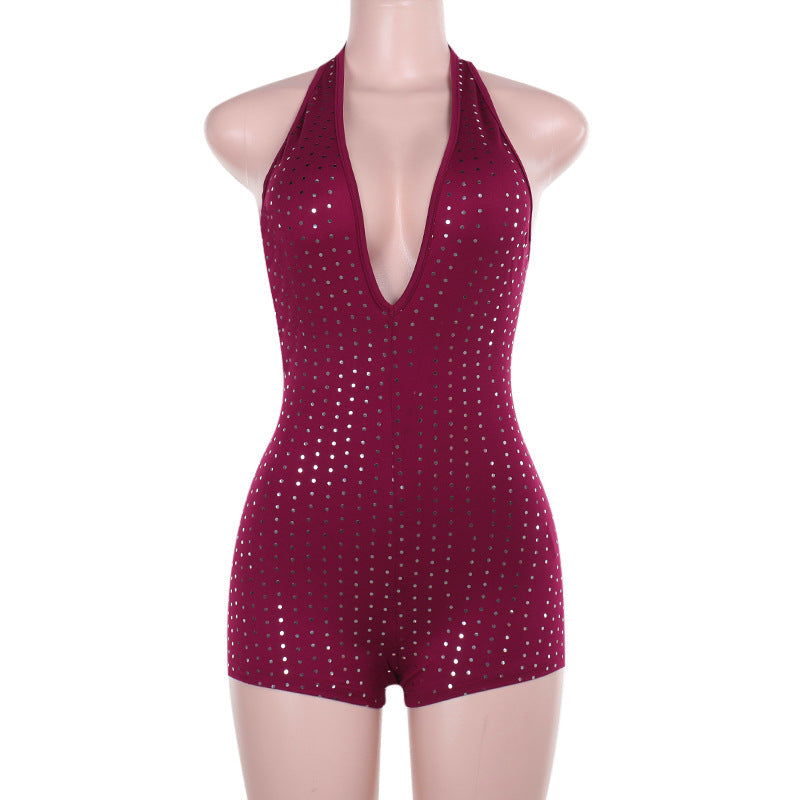 Autumn Elegant Sexy Slim Diamond in the Debris Rhinestone Deep V Plunge Jumpsuit Women Clothing