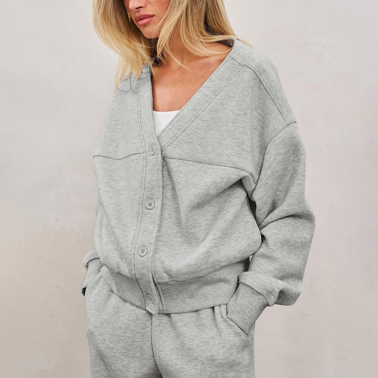 Autumn Button Cardigan Coat High Waist Solid Color Loose Trousers Idle Set