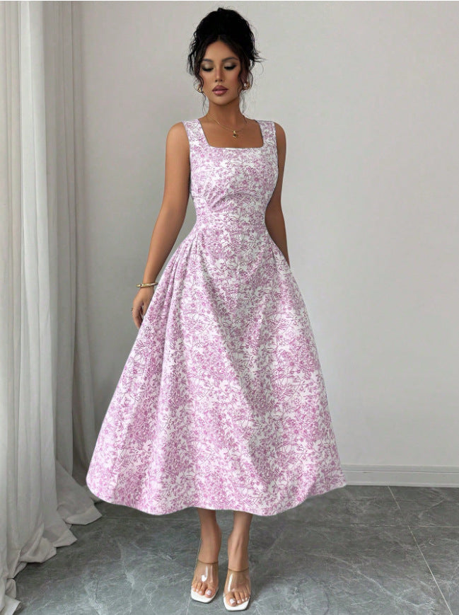 Printed Square Collar Dress Summer Slim Fit Slimming Floral Dress Women Wear
