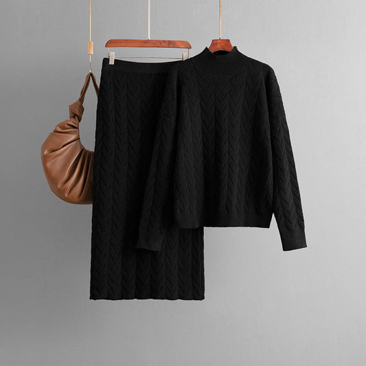 Autumn Winter Jacquard Half High Collar Long Sleeves Knitwear Pullover Top Skirt Two Piece Set