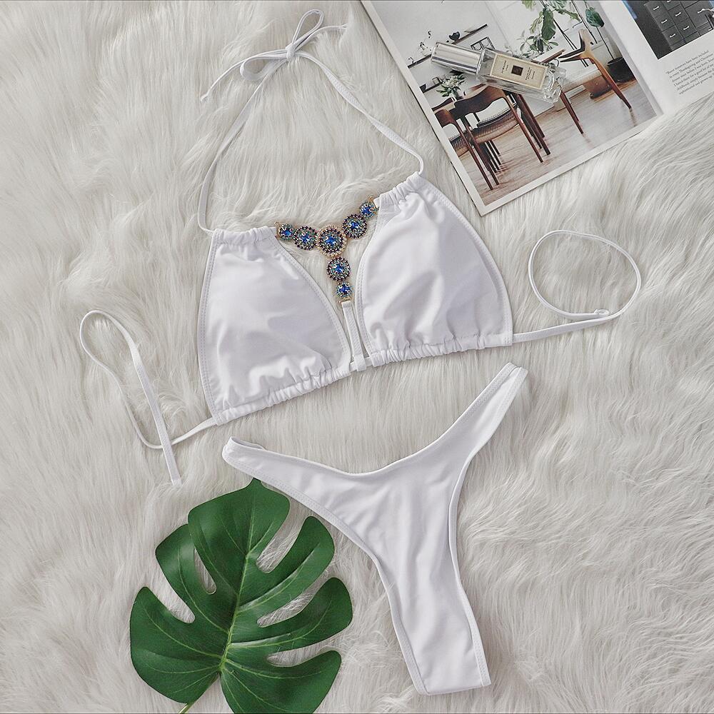 Bikini Crystal Diamond Split Women's Swimsuit Plain Tied Swimsuit