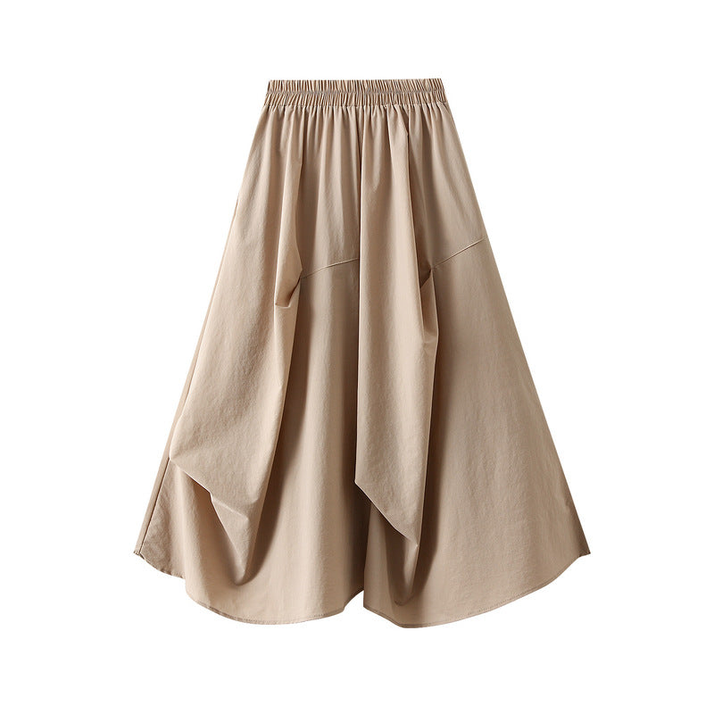Irregular Asymmetric Pleated Mid Length Umbrella Skirt High Waist Elastic Waist Skirt Spring Summer Skirt