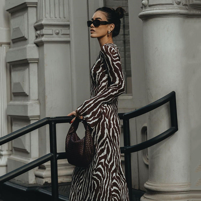 Bohemian See through Dress Casual round Neck Long Sleeve Printed Dress for Women Autumn Winter