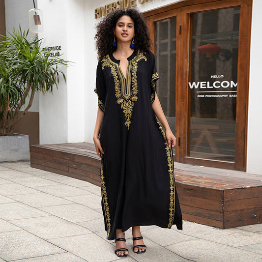Rayon Embroidered Holiday Loose Jumpsuit Long Robe Beach Sun Protection Maxi Dress Beach Cover Up