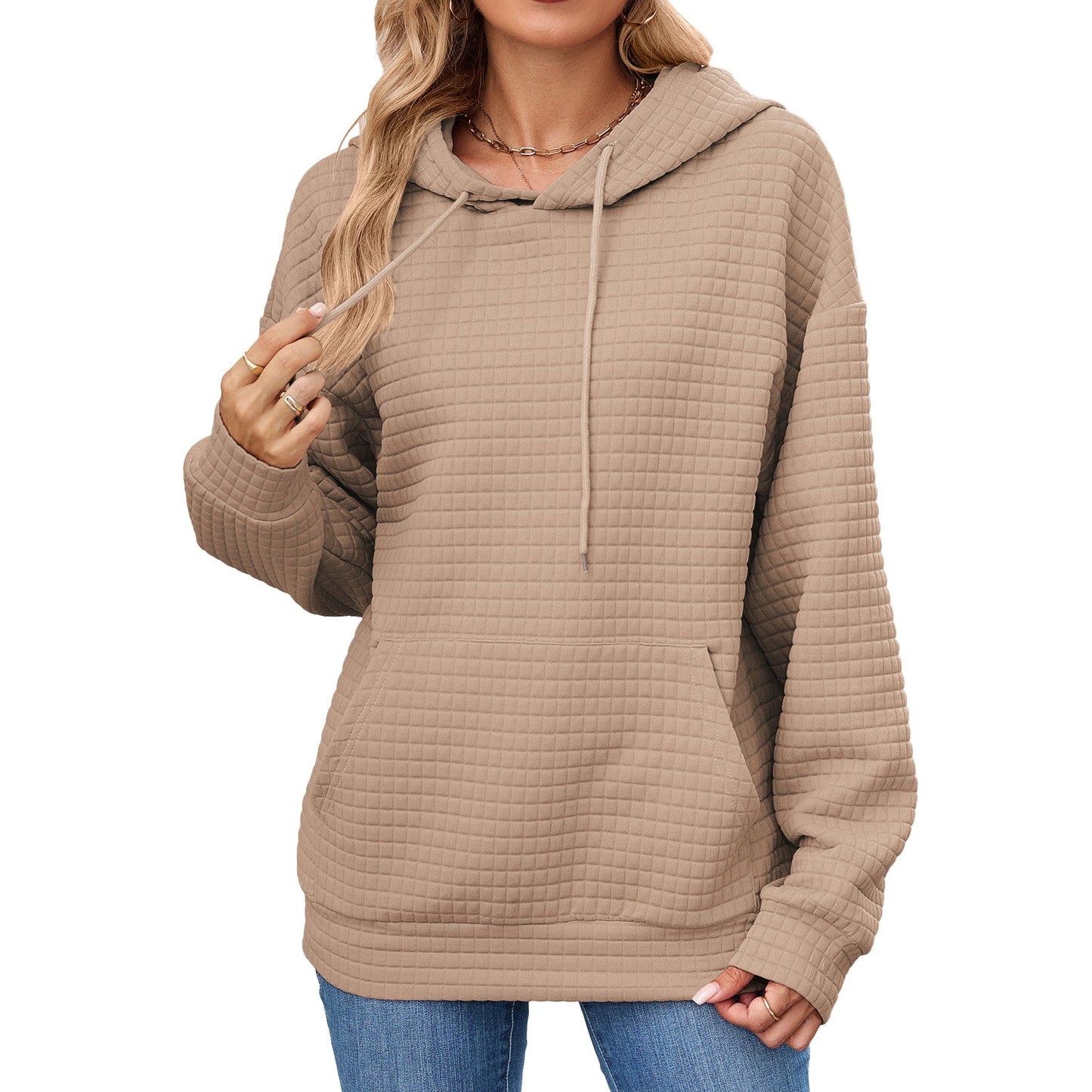 Autumn Winter Solid Color Hooded Pocket Loose Long Sleeve Sweatershirt Coat for Women