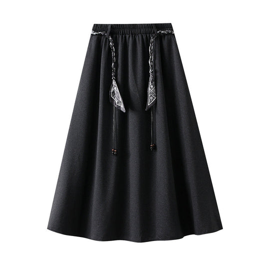 Autumn Korean Fashionable All Matching Casual Elastic Waist Silk Scarf Skirt Women Mid Length A line Skirt