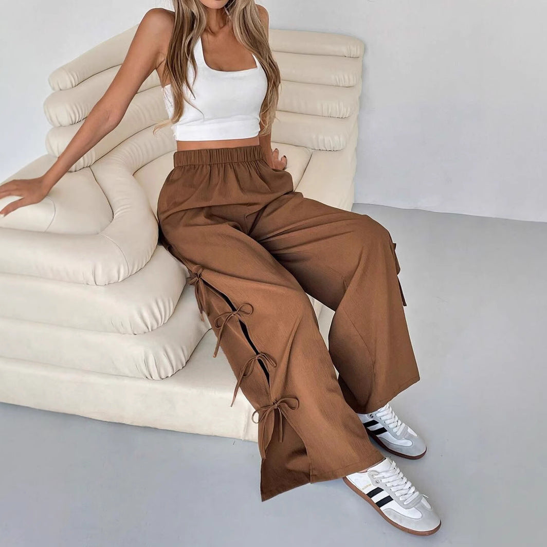 Autumn Winter Women Casual Daily Bow Side Contrast Color Drawstring Sports Casual Pants