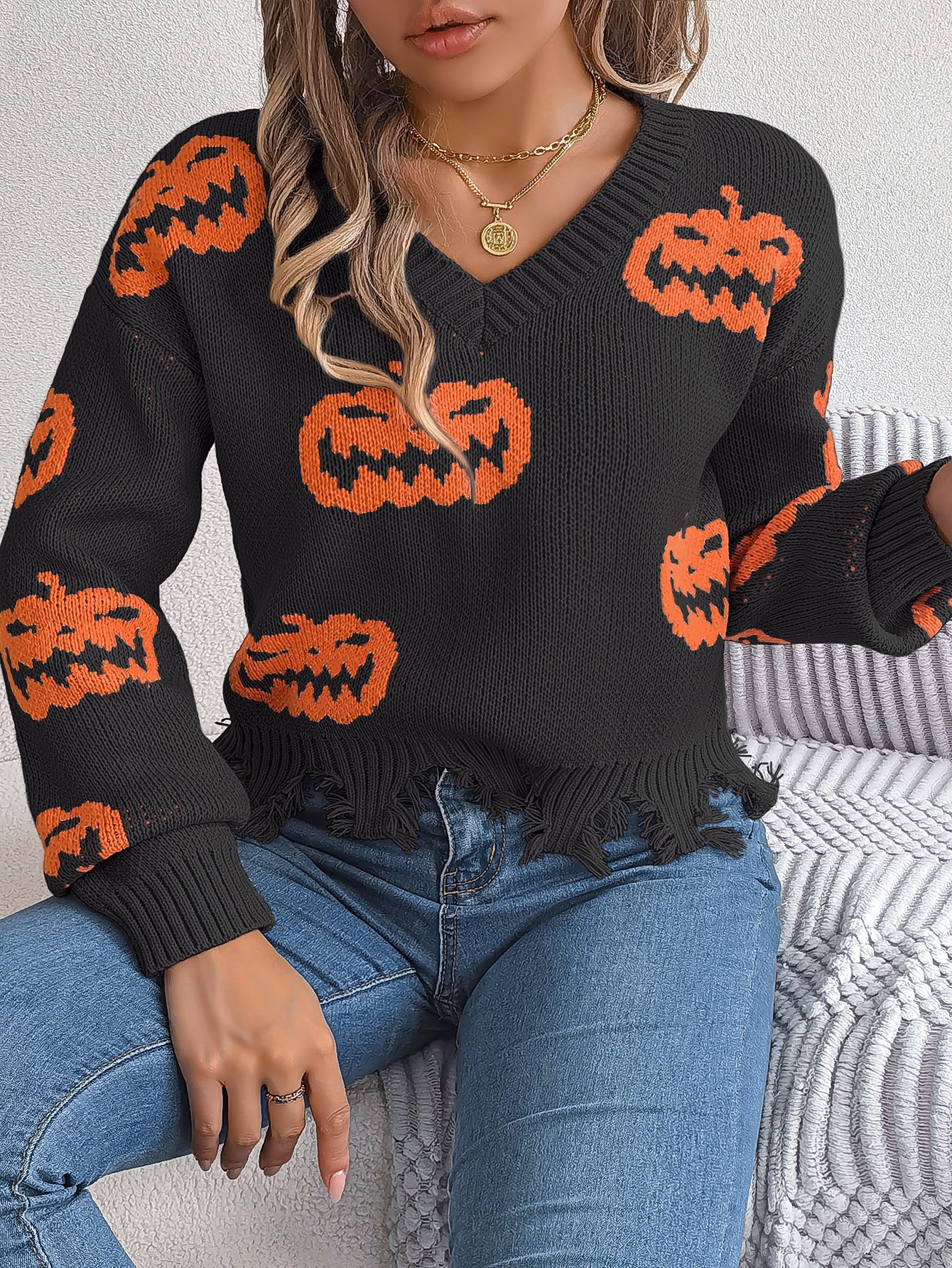 Autumn Winter Halloween Contrast Color Pumpkin Cut Rotten Long Sleeve Pullover Women Clothing