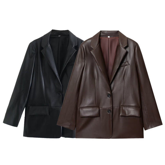 Women Lapel Leather Blazer