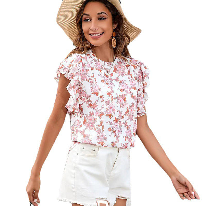Women Summer round Neck Printed Ruffled Short Sleeves Chiffon Shirt Floral Pullover T shirt