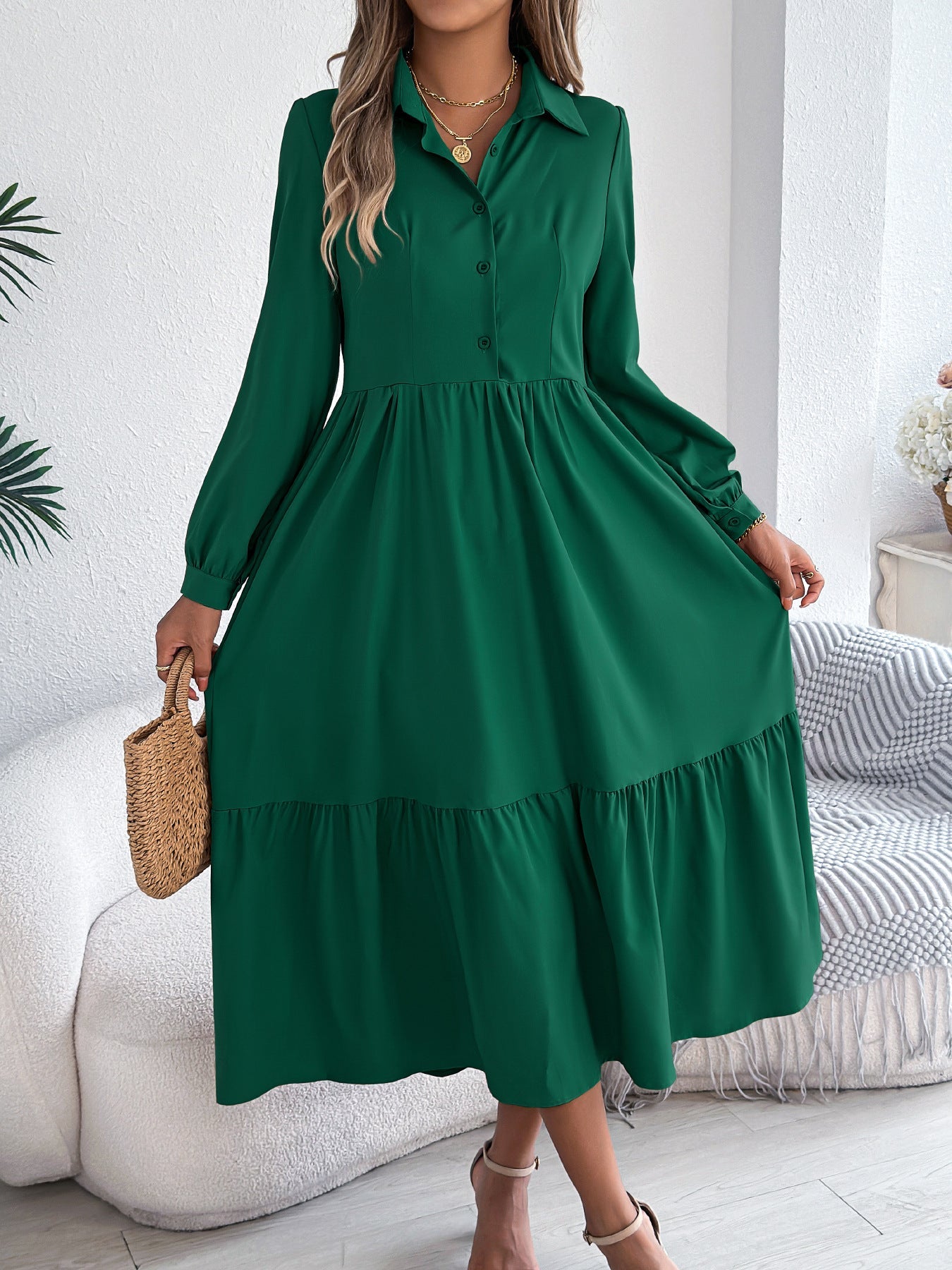 Autumn Winter Collared Casual Loose Long Sleeve Ruffled Shirt Dress Women Clothing