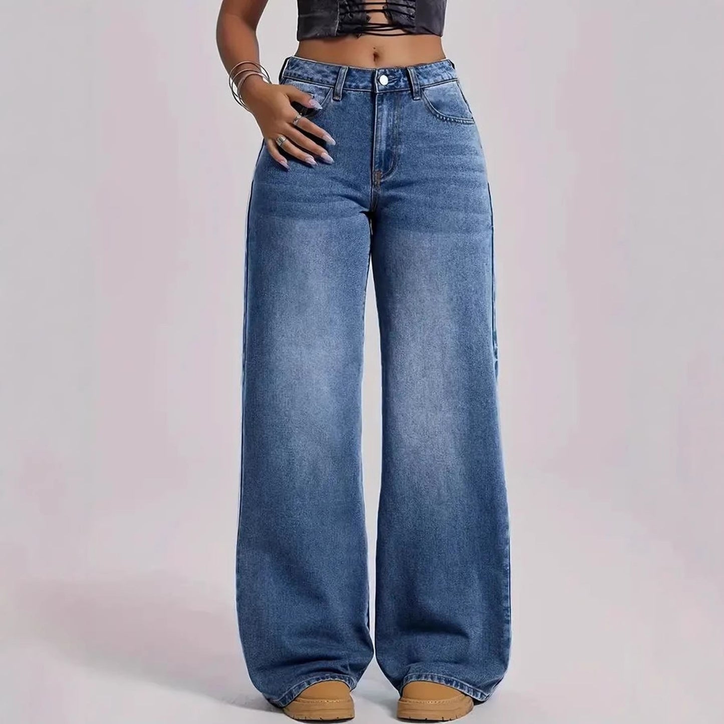 Women Retro Nostalgic Loose Fitting Wide Leg Trousers Women Jeans