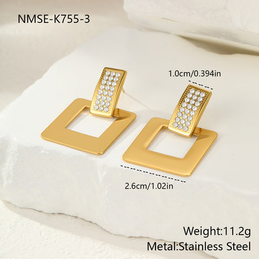 Geometric Abstract Diamond Square Stainless Steel Earrings Plated 18K Gold Light Luxury Elegant Ear Rings