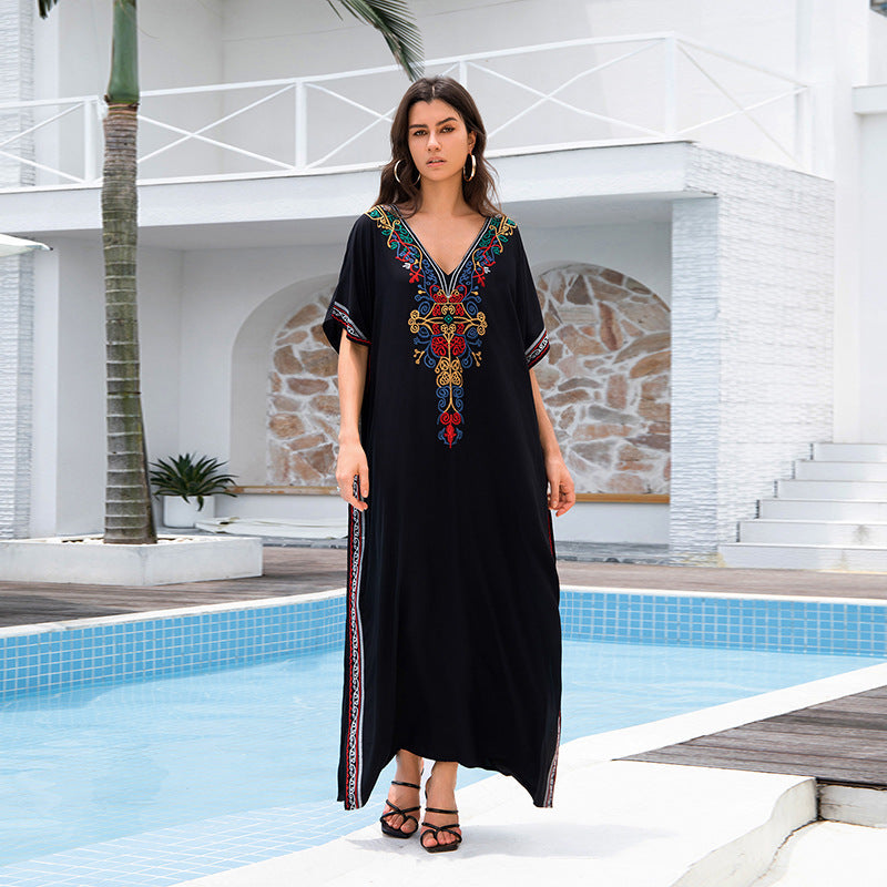 Rayon Embroidery Vacation Loose Maxi Dress Embroidery Even Bathrobe Beach Cover up Bikini Cover up