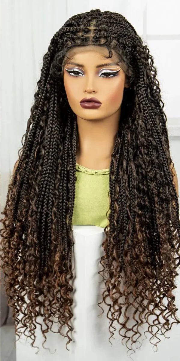 Burgundy Boho Knotless Braids Wig | Curly Ends | Lace Front | Baby Hair