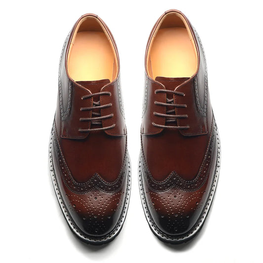 Handsome Men's Luxury Genuine Leather Sneakers | Wingtip Brogue Casual Oxfords (Height Increasing, Waterproof)