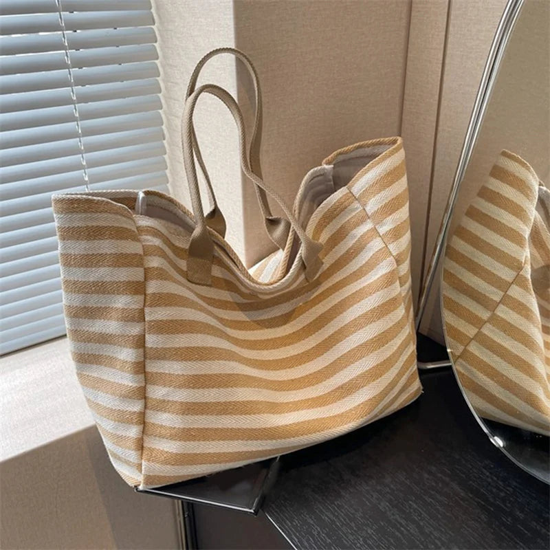 Casual Striped Canvas Bag for Women | Large Capacity Shoulder Bag & Daily Shopping Tote (Student Bookbag for School, Travel, Beach)