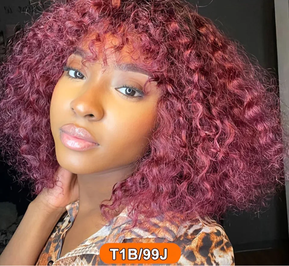 Highlight Honey Blonde Jerry Curly Bob Wig with Bangs | Non-Lace Front Human Hair