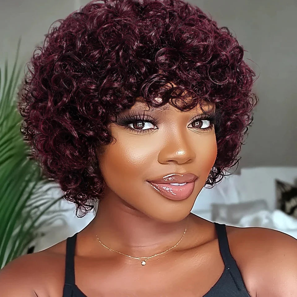 Brazilian Short Pixie Bob Afro Kinky Curly Wig with Bangs | Full Machine Made Human Hair (Natural Brown & 99J)