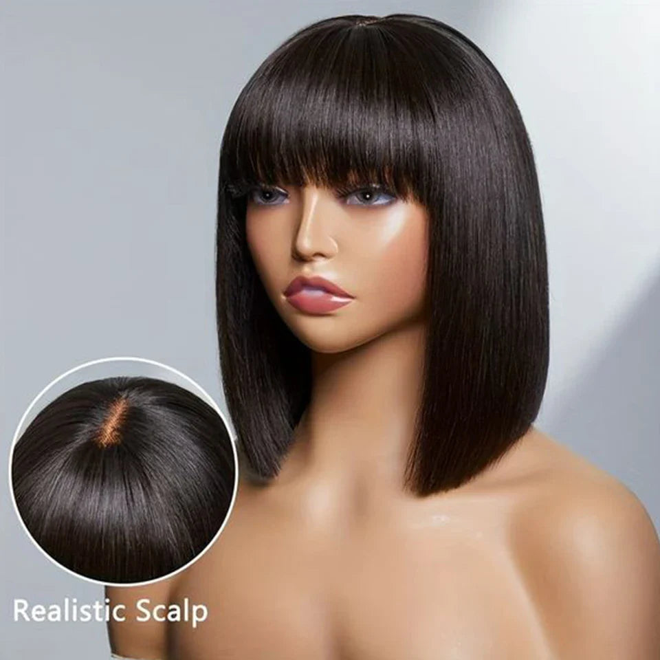 Indian Straight Bob Wig with Bangs | Glueless Middle Part Lace Human Hair (Realistic Scalp)
