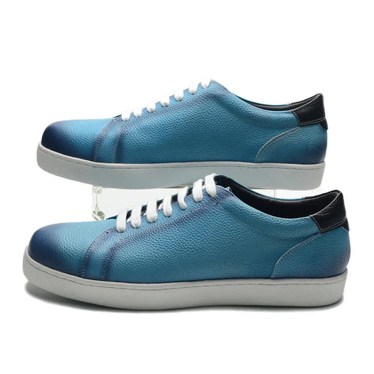 Luxury Designer Men's Genuine Leather Skateboard Shoes | Sky Blue Lace-Up Casual Sneakers (Breathable)