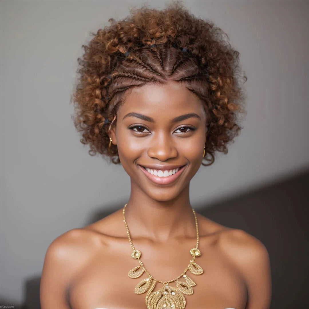 6" Afro Curly Braided Lace Front Wig | 250% Density | Brazilian Remy Hair | Short Curly Wig