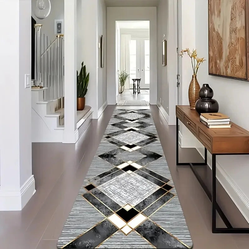 Modern Geometric Diamond Hallway Runner Rug - Black Gold & Gray Pattern Floormat Ideal for Corridor Decor