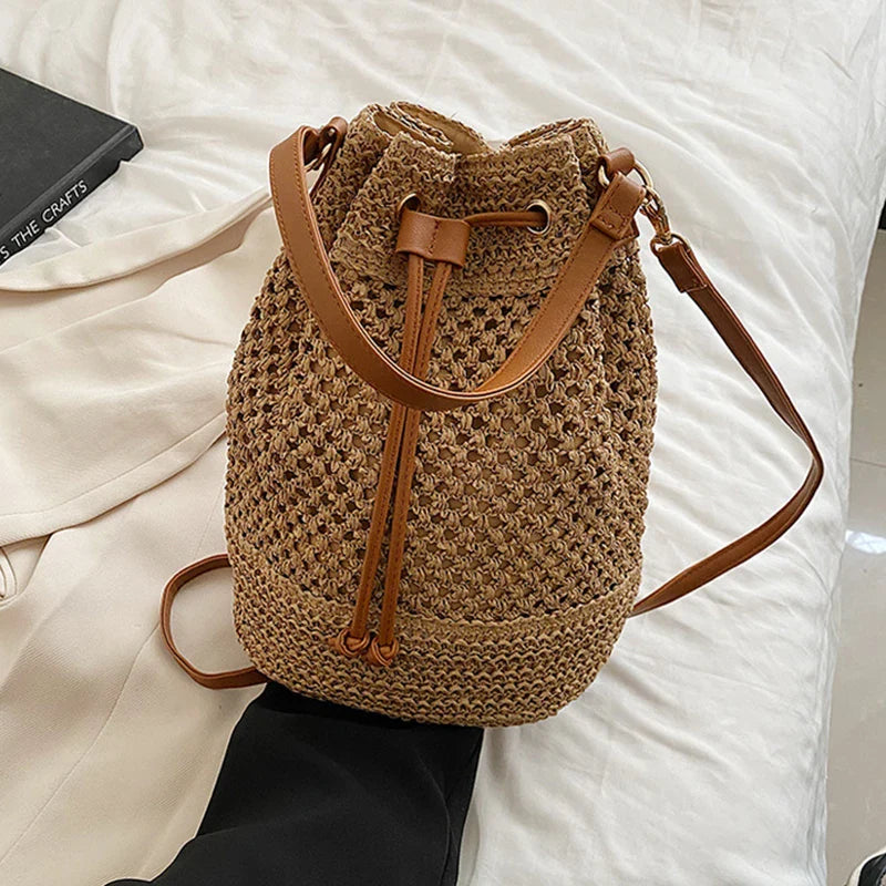 Simple Straw Bucket Bag for Women | Woven Handmade Shoulder Bag & Drawstring Crossbody Bag (Rattan Beach Bag for Girls & Travel Purse)