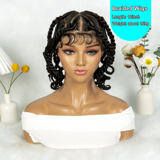 12" Short Box Braided Full Lace Wig | Crochet Braids | Baby Hair | Synthetic Braiding Wig