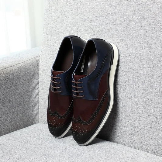 Luxury Men's Real Cow Leather Three-Color Wingtip Derby Shoes | Top Designer Original Casual Sneakers (Breathable)