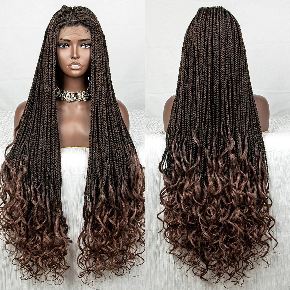 36" Blue Knotless Box Braids Lace Front Wig | Baby Hair | Crochet Braids | Black Women