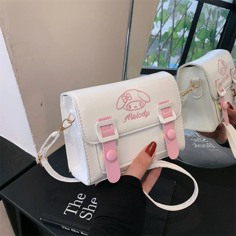 Sanrio Kawaii Hello Kitty My Melody Kuromi Cinnamoroll Square Shoulder Bags | PU Cartoon Fashion Simple Satchel Crossbody Bag (Gift)