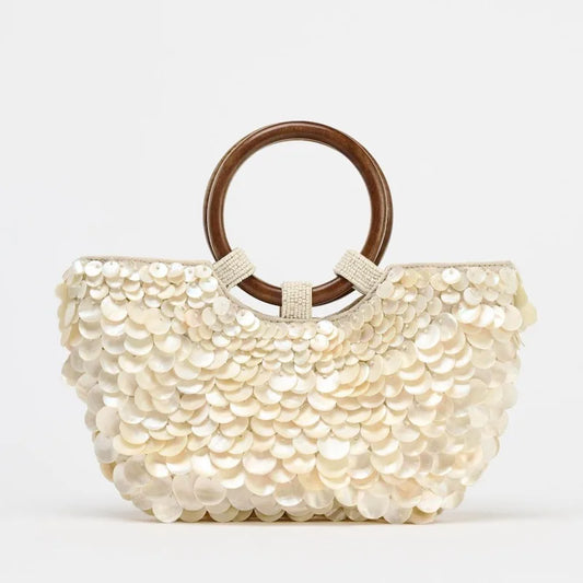 Faux Nacre Appliqué Half-Moon Bag for Women | New Double Circular Top Handles & Removable Chain Crossbody Strap (Fashionable & Versatile)