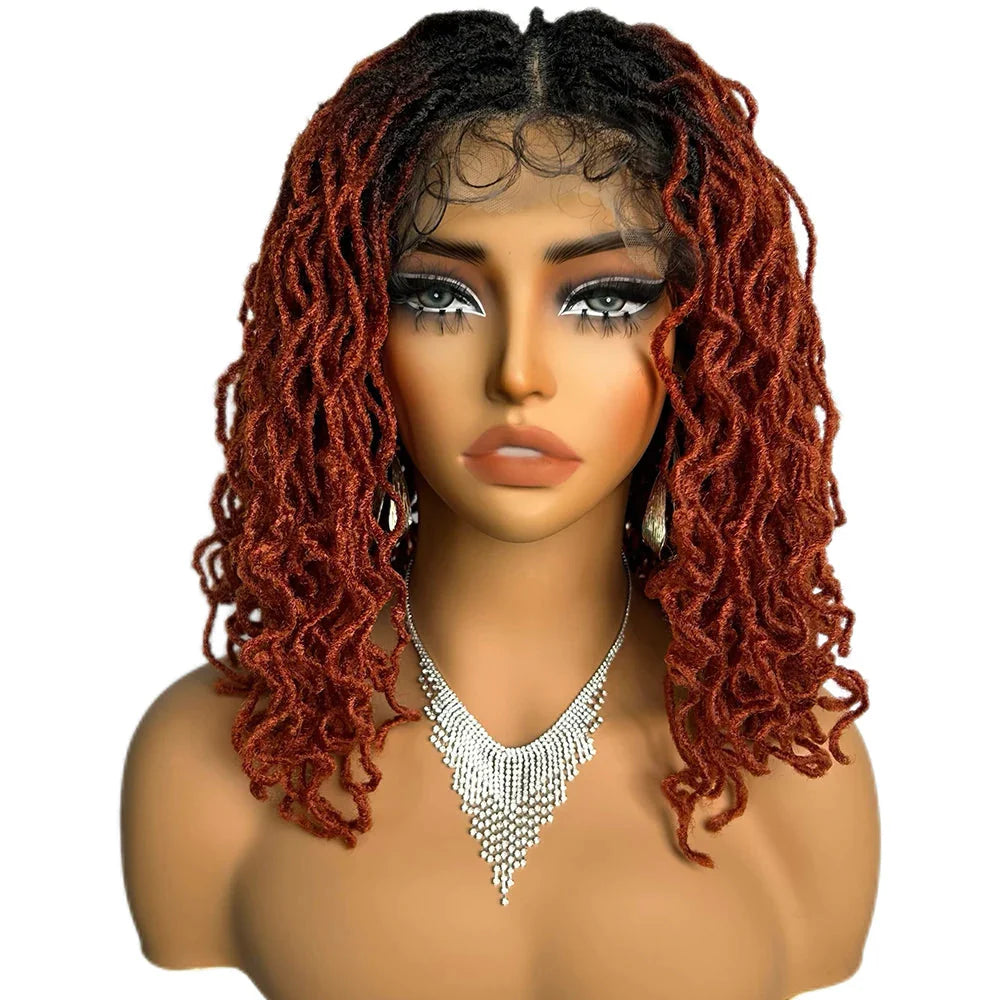 14" Copper Red Faux Locs Lace Front Wig | Short Twist Dreadlocks | Synthetic Braided Wig